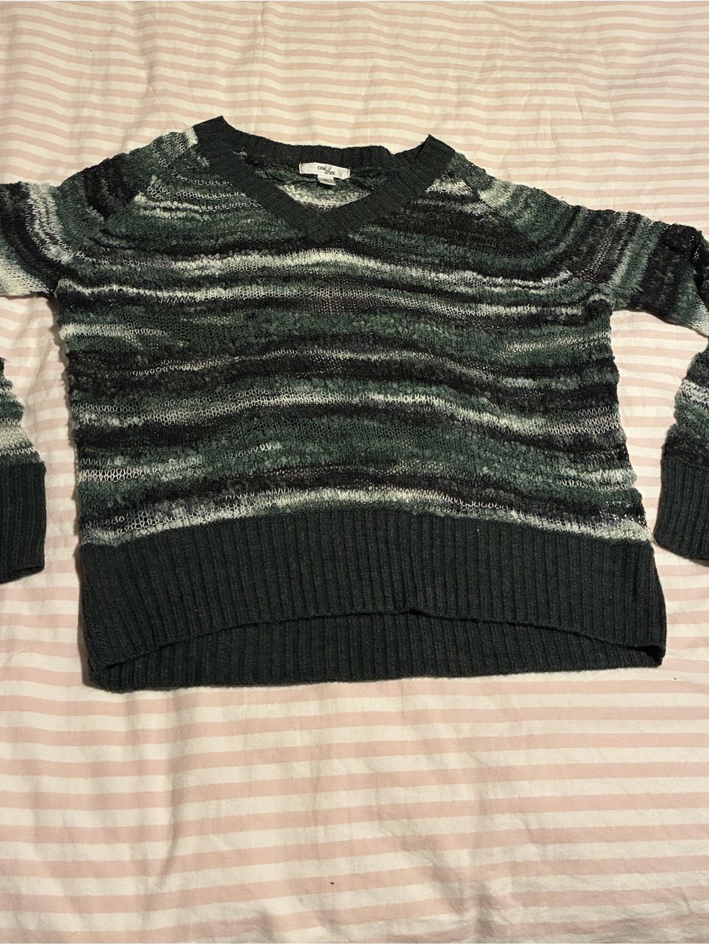 Striped V-Neck Sweater in Olive Green for Women